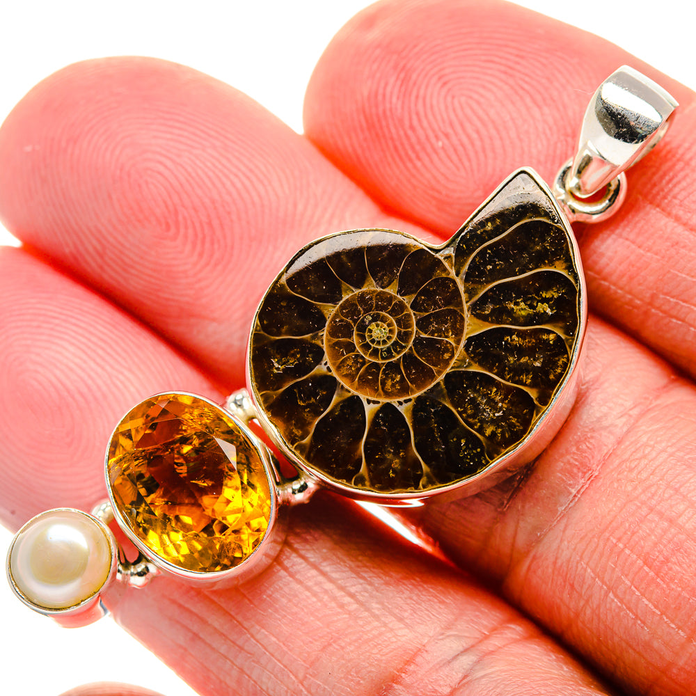 Ammonite Fossil, Citrine, Cultured Pearl Pendant 2 1/8" (925 Sterling Silver) PD37288