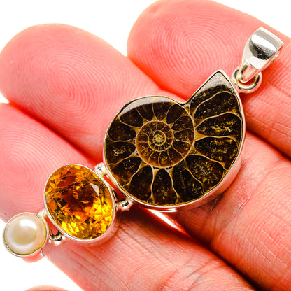Ammonite Fossil, Citrine, Cultured Pearl Pendant 2 1/8" (925 Sterling Silver) PD37288