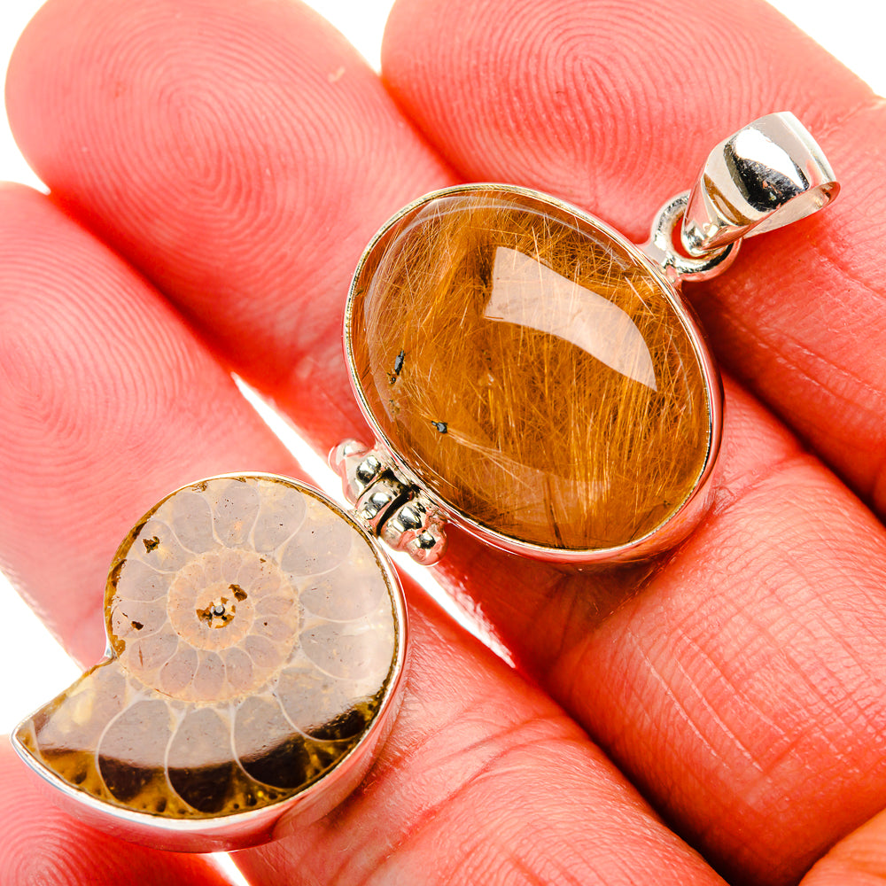 925 sterling silver oval rutilated quartz pendant with fossil accent