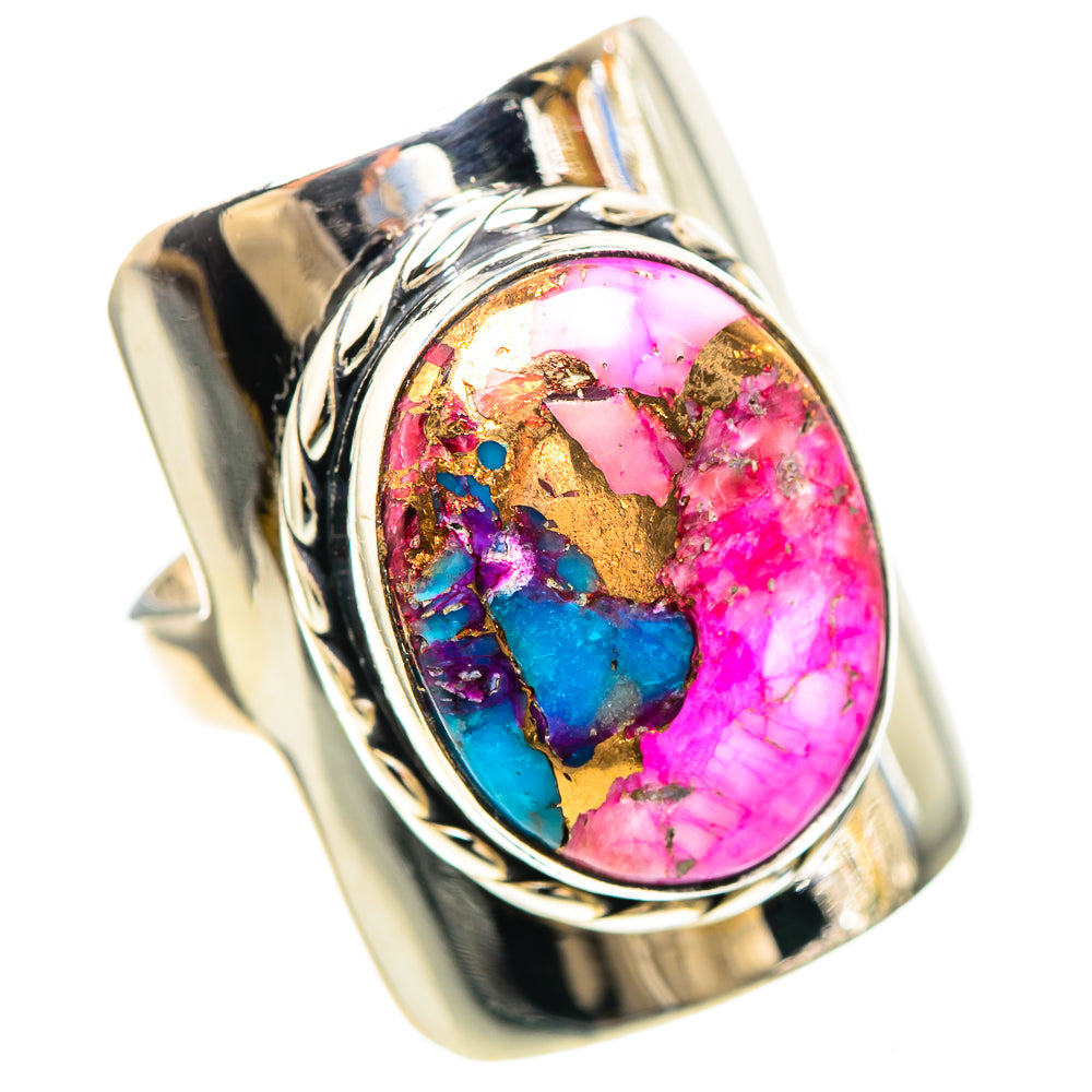 Sterling silver size 7 oval ring with pink, blue gemstone-like inlay and rope bezel