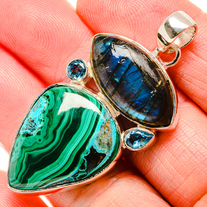 Malachite In Chrysocolla, Labradorite, Blue Topaz Pendant 2" (925 Sterling Silver) PD36377