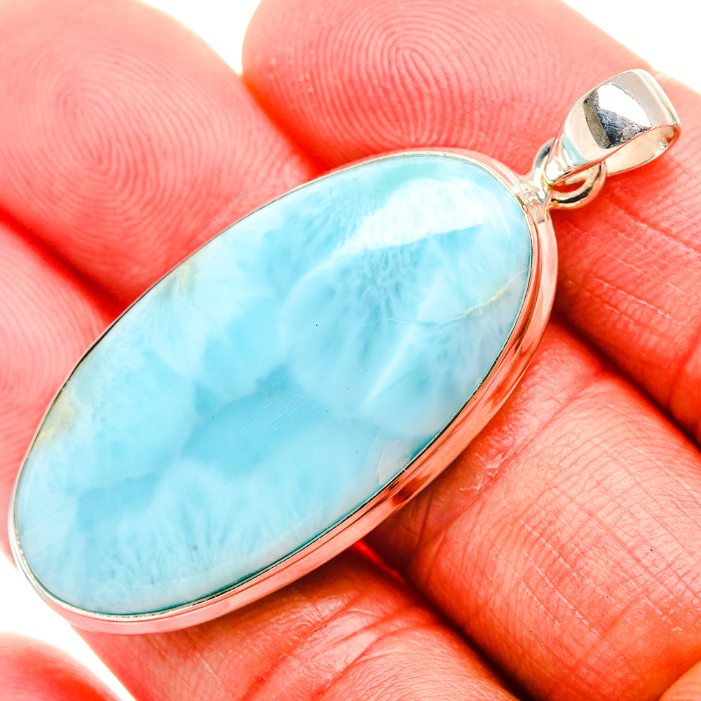 Larimar blue oval pendant in 925 sterling silver bezel with hinged bail
