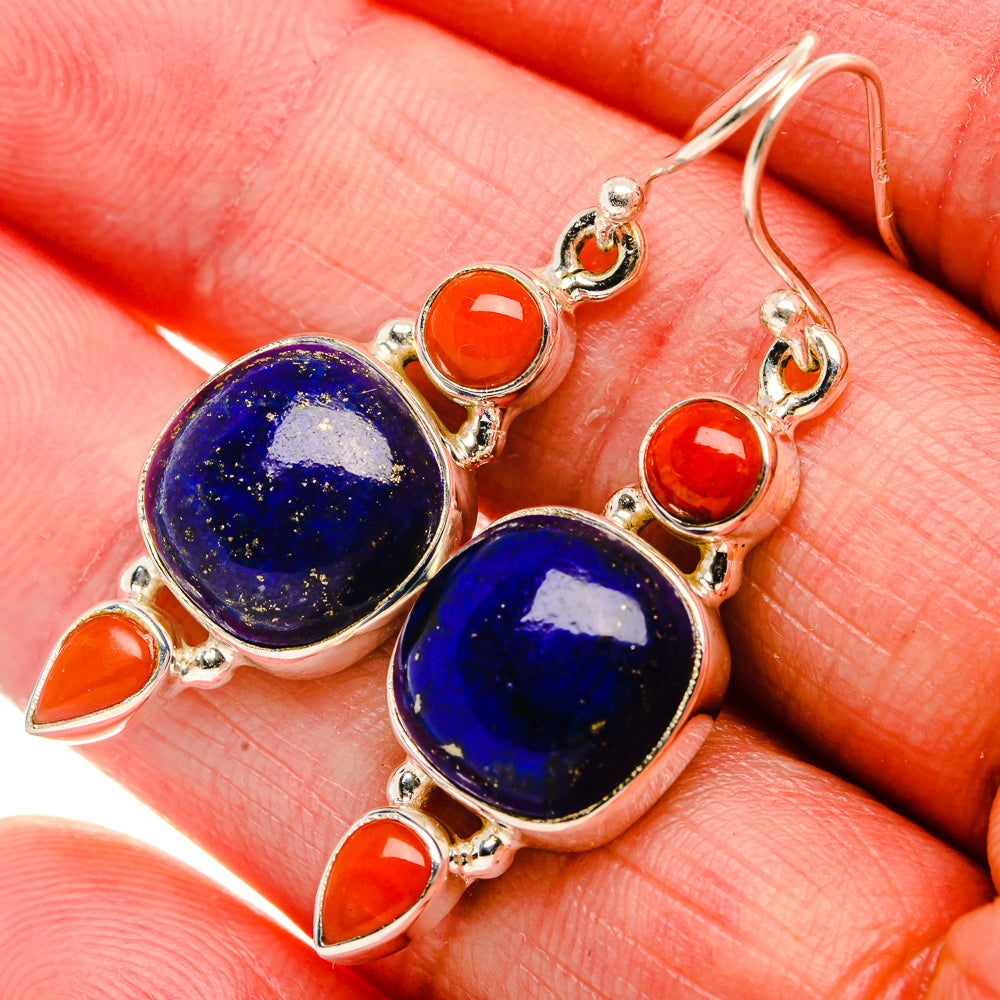 Lapis Lazuli, Red Coral Earrings 1 5/8" (925 Sterling Silver) EARR431898