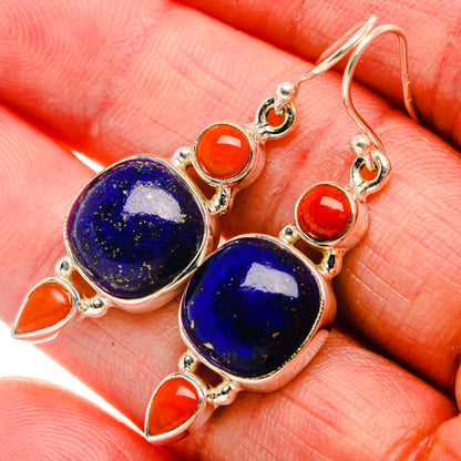 Lapis Lazuli, Red Coral Earrings 1 5/8" (925 Sterling Silver) EARR431898