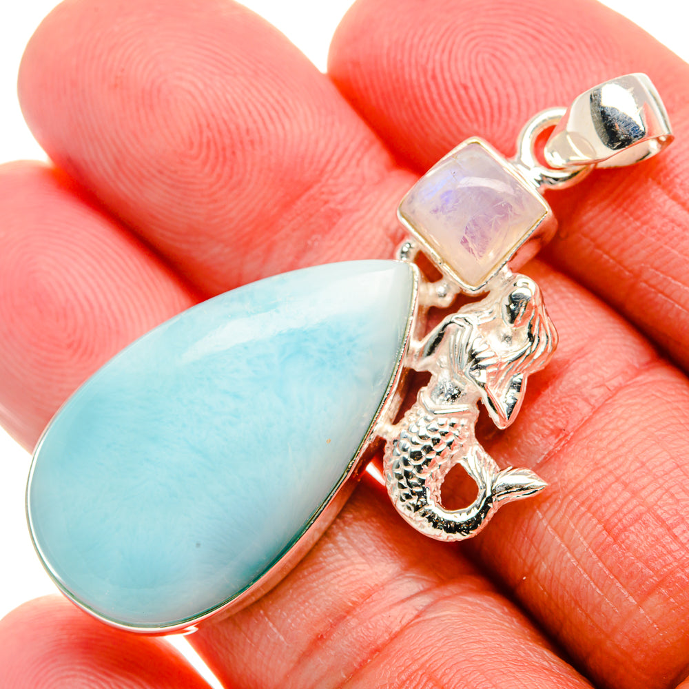 Sterling silver mermaid pendant with oval light-blue gemstone and lilac accent stone