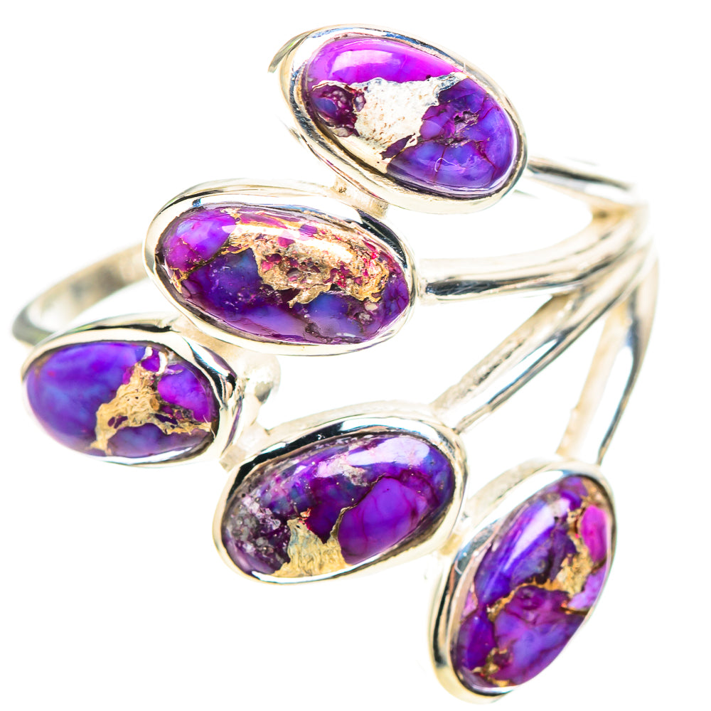 Sterling silver ring with five purple oval composite turquoise stones on polished open band