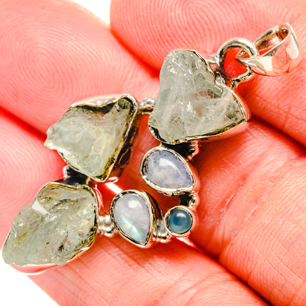 Rough Aquamarine, Rainbow Moonstone Pendant 2" (925 Sterling Silver) PD36765