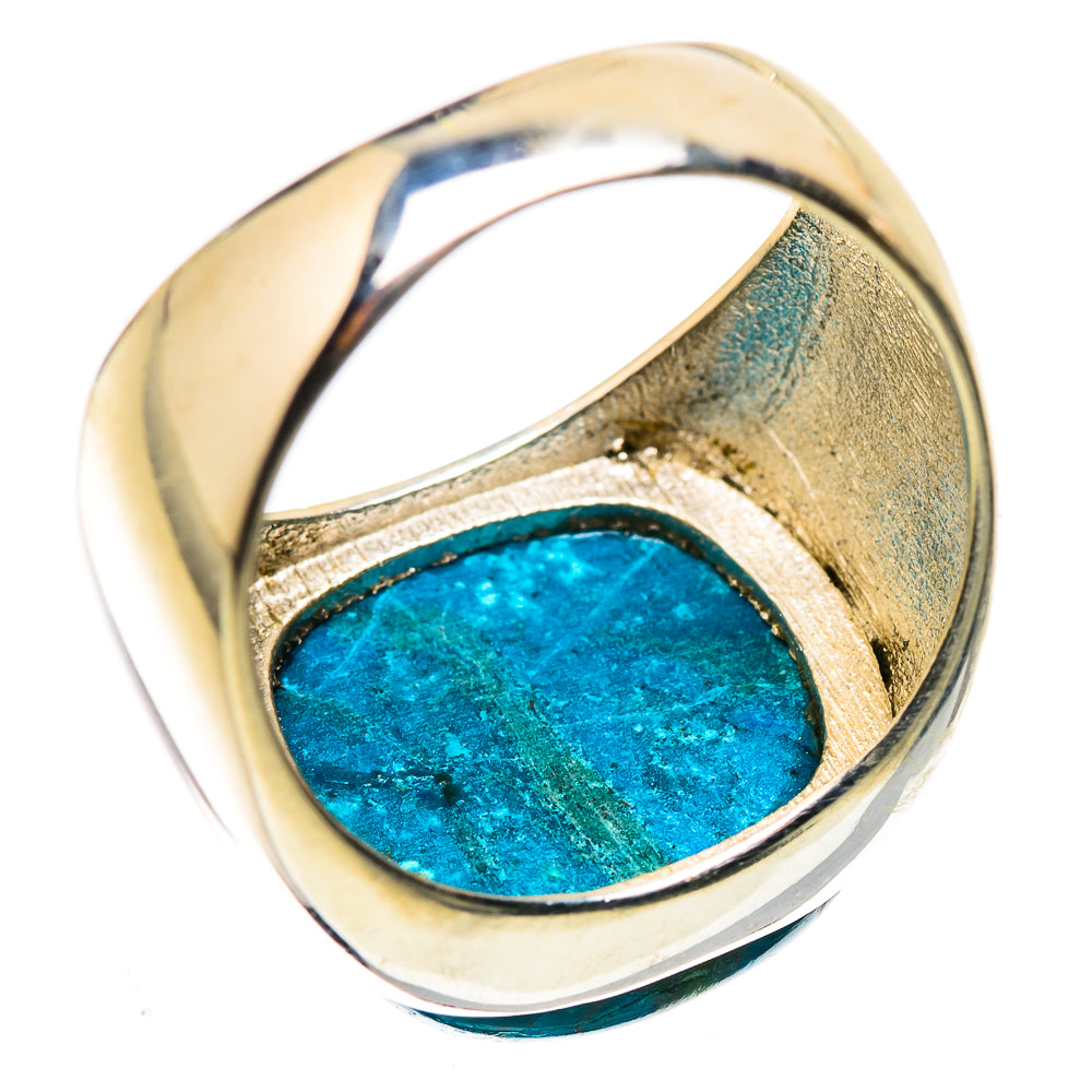 Sterling silver ring showing oval blue chrysocolla gemstone with raised bezel