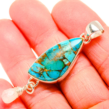 Teardrop turquoise pendant with rainbow moonstone bead, 925 sterling silver bail