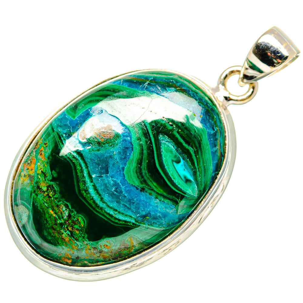 Oval malachite-in-chrysocolla pendant in 925 sterling silver with textured teal-green stone cabochon.