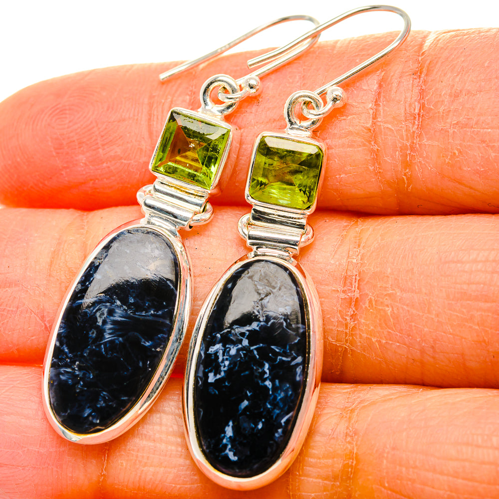 Sterling silver peridot and pietersite drop earrings with green square and dark oval stones