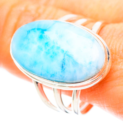 Larimar oval gemstone sterling silver ring with blue stone cabochon