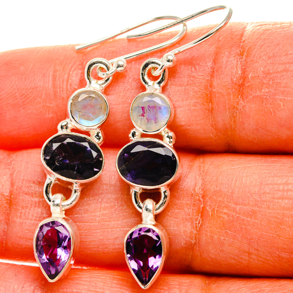 Tanzanite, Rainbow Moonstone, Amethyst Earrings 1 3/4"  (925 Sterling Silver) EARR431663