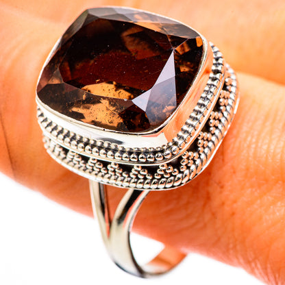 Smoky quartz gemstone ring with faceted cushion center, beaded silver frame