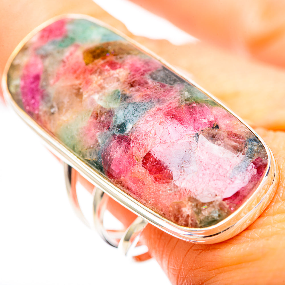 Natural tourmaline oval ring in 925 sterling silver bezel with pink-green cabochon