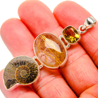 Ammonite Fossil, Rutilated Quartz, Citrine Pendant 2 1/2" (925 Sterling Silver) PD37430