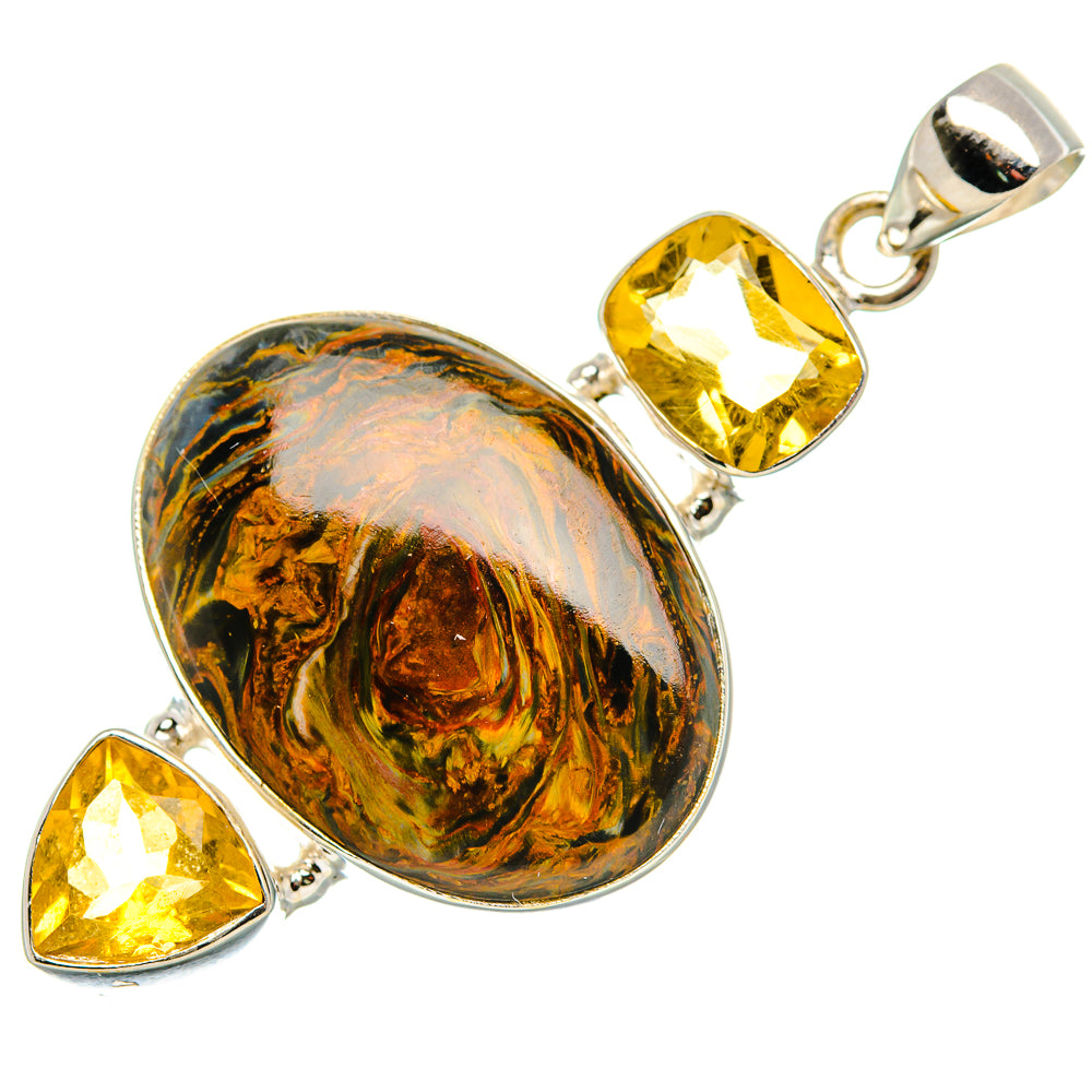 Sterling silver oval pietersite pendant with two citrine accents and loop bail