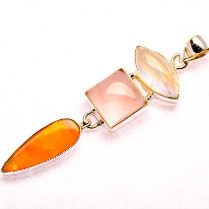 Aura Opal, Rose Quartz, Rainbow Moonstone 925 Sterling Silver Pendant 2 5/8" (925 Sterling Silver) PD37658