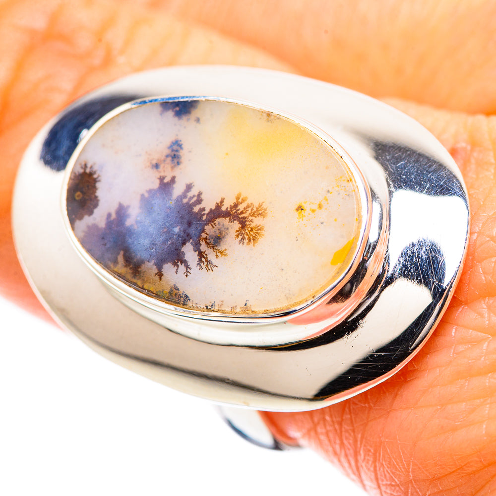 Sterling silver ring with oval dendritic agate cabochon, blue and amber tree patterns