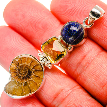 Ammonite Fossil, Citrine, Lapis Lazuli 925 Sterling Silver Pendant 2 1/4" (925 Sterling Silver) PD37689
