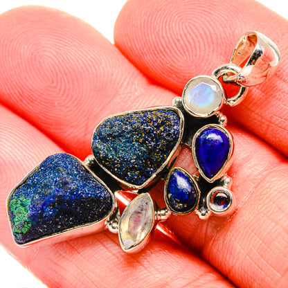 Rough Azurite, Lapis Lazuli, Rainbow Moonstone Pendant 1 3/4" (925 Sterling Silver) PD36795