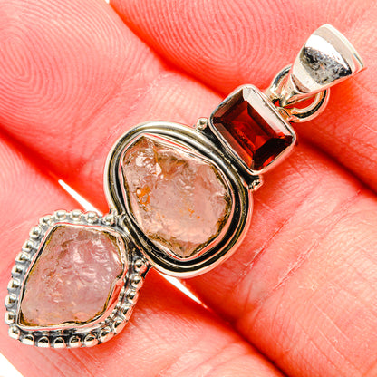 Rough Rose Quartz, Garnet Pendant 1 3/4" (925 Sterling Silver) PD36764