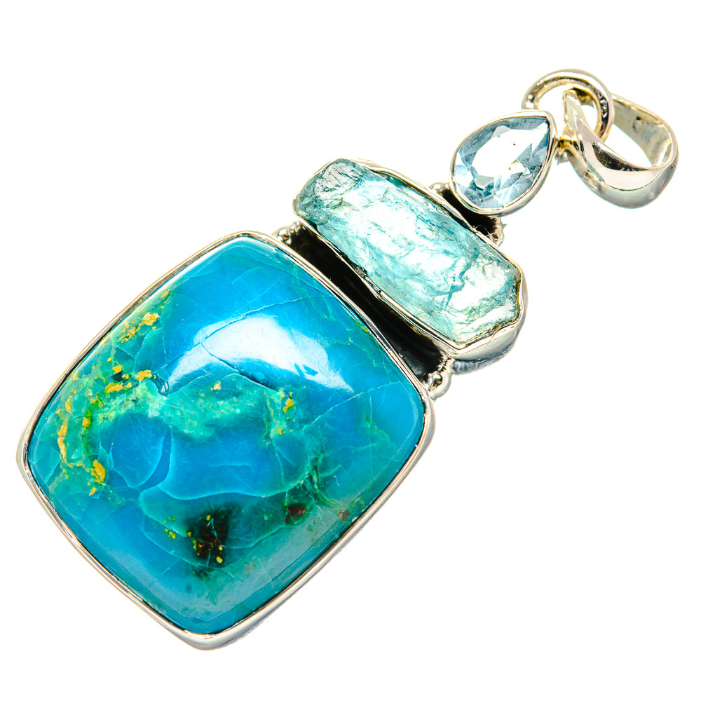 Sterling silver pendant with blue square gemstone and two green stones, hinged bail