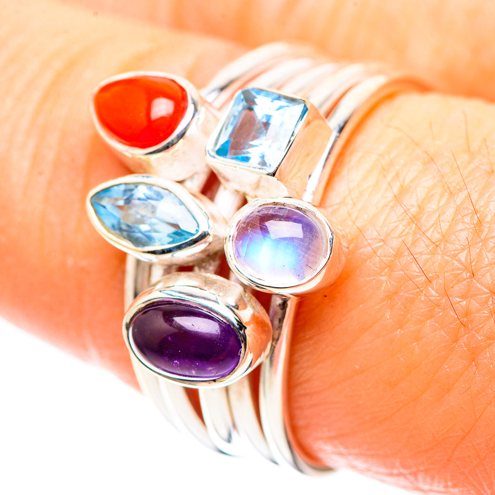 Red Coral, Blue Topaz, Amethyst, Rainbow Moonstone 925 Sterling Silver Ring Size 7.75 (925 Sterling Silver) RING137395