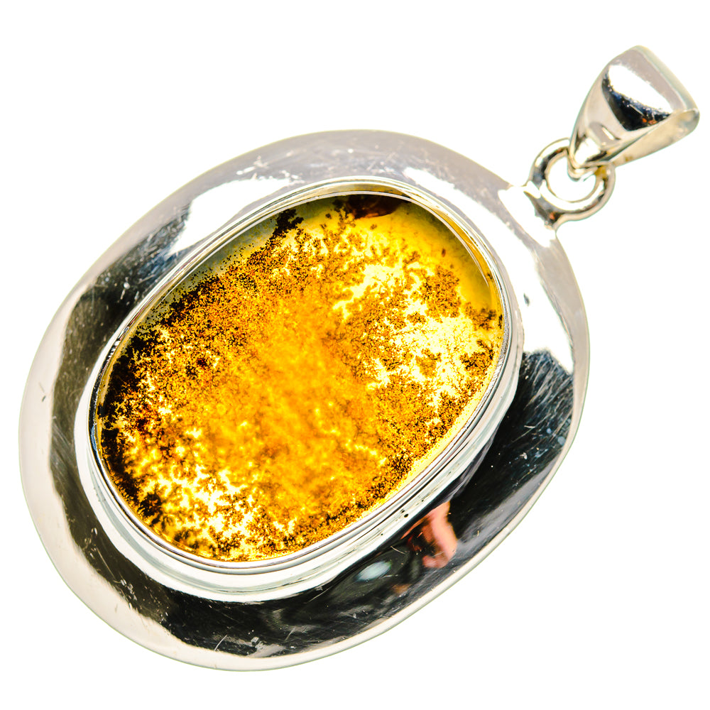 Oval amber dendritic agate pendant in polished sterling silver with round bail