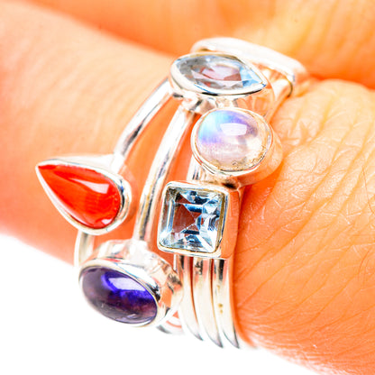 Red Coral, Tanzanite, Blue Topaz, Rainbow Moonstone Ring Size 6.75 (925 Sterling Silver) RING136612