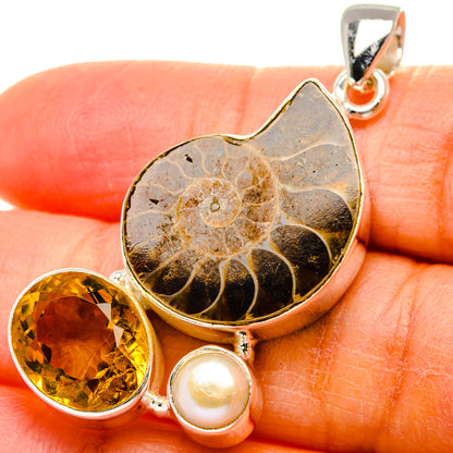 Ammonite Fossil, Citrine, Cultured Pearl Pendant 1 3/4"  (925 Sterling Silver) PD37231