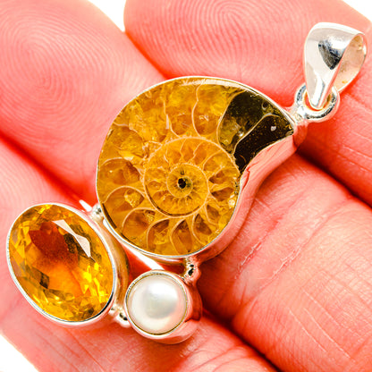 Ammonite Fossil, Citrine, Cultured Pearl Pendant 1 3/4"  (925 Sterling Silver) PD36917