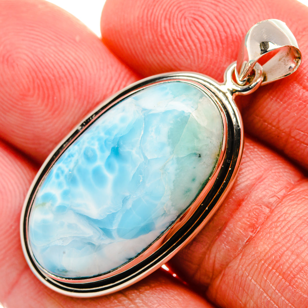 Larimar oval pendant in 925 sterling silver bezel with polished bail