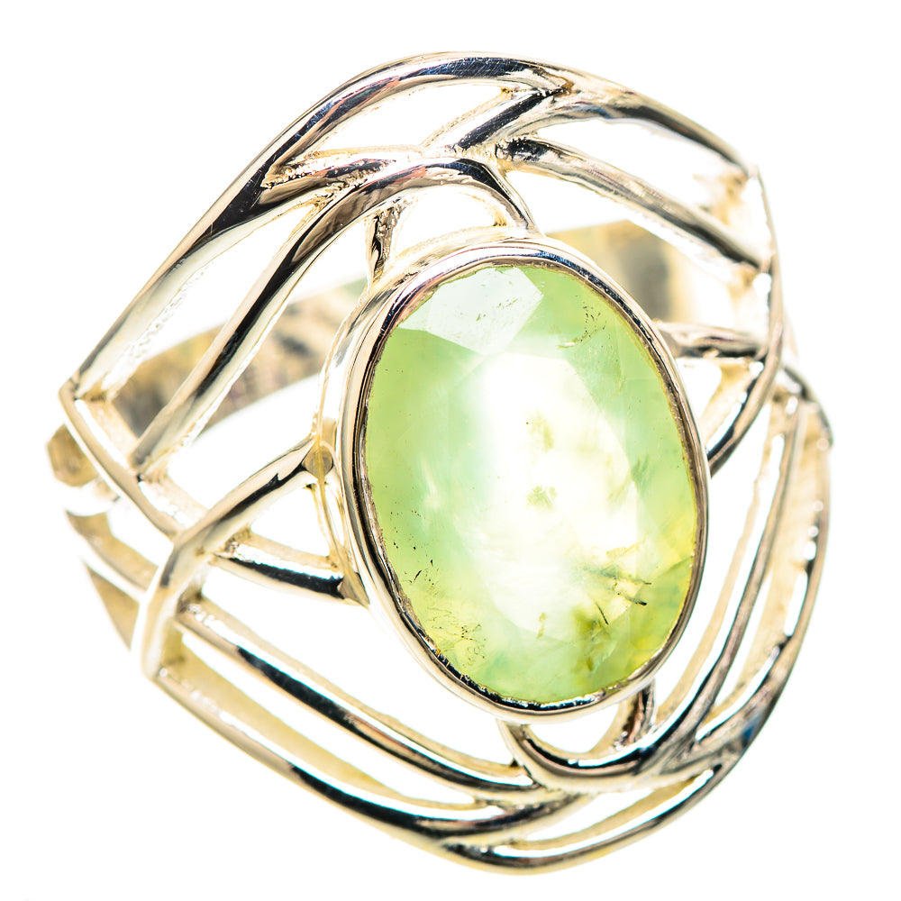 Sterling silver ring with oval green prehnite cabochon and twisted metal frame