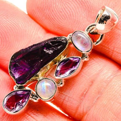 Rough Amethyst, Rainbow Moonstone Pendant 1 1/2" (925 Sterling Silver) PD36758