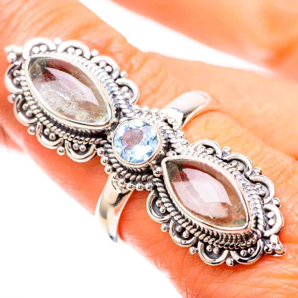 Sterling silver oval gemstone ring with filigree and bright blue center stone, size 8.25