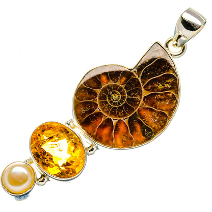 Ammonite Fossil, Citrine, Cultured Pearl Pendant 2 1/8" (925 Sterling Silver) PD37288