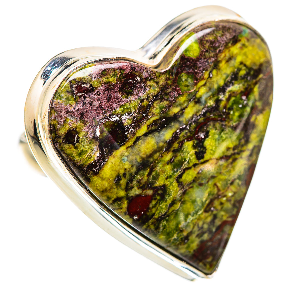 Heart-shaped jasper ring in 925 sterling silver with marbled green, purple, and red stone