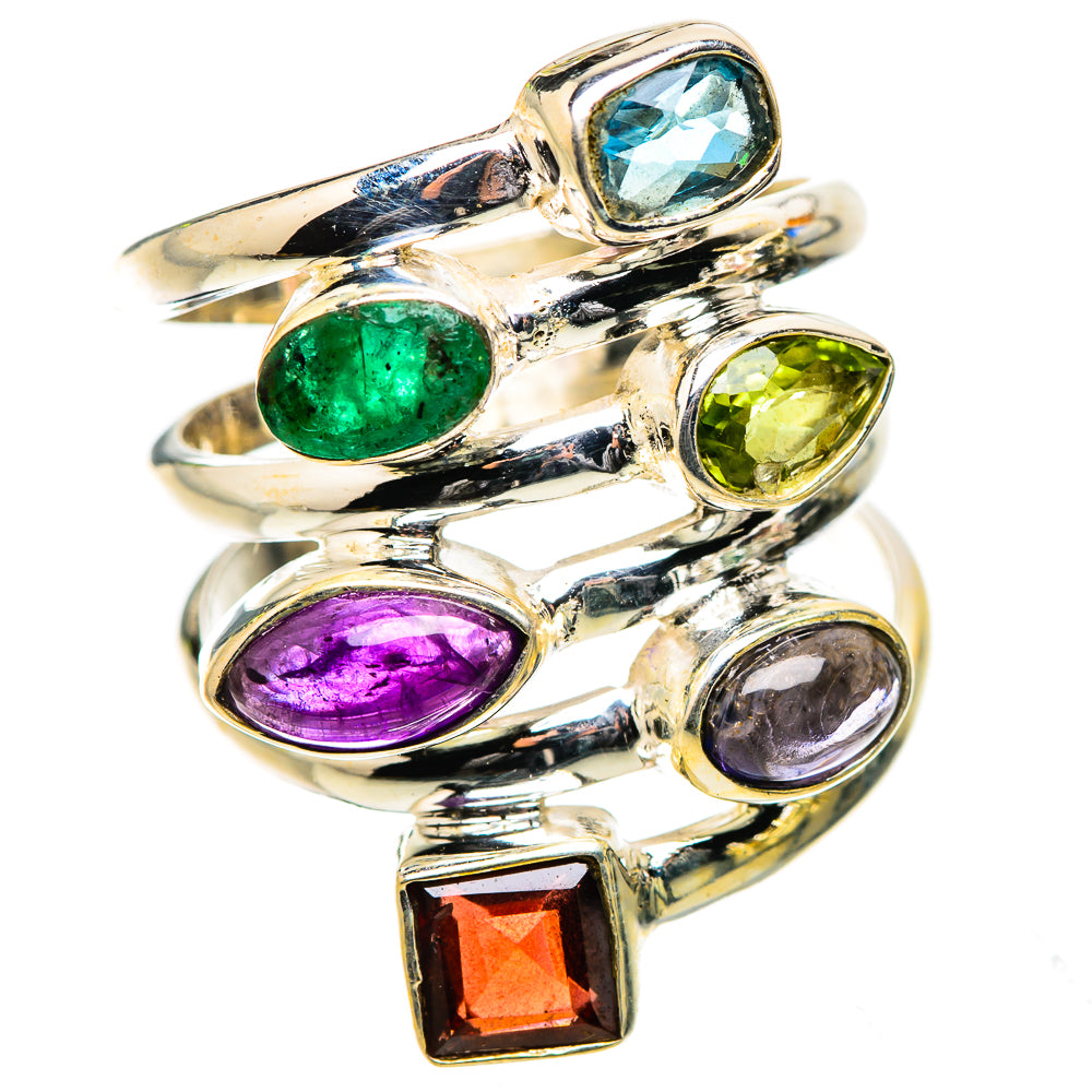 Sterling silver multi-gem ring with blue, green, purple, orange and dark stones