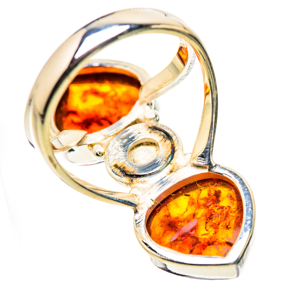 Sterling silver ring side view with two pear amber stones and a round rainbow moonstone