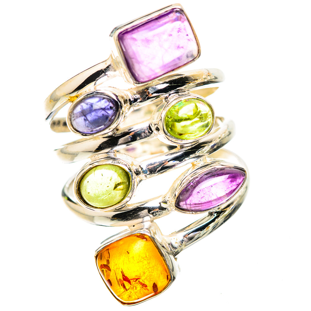 Silver wrap ring featuring square and oval purple, green, and orange gemstones