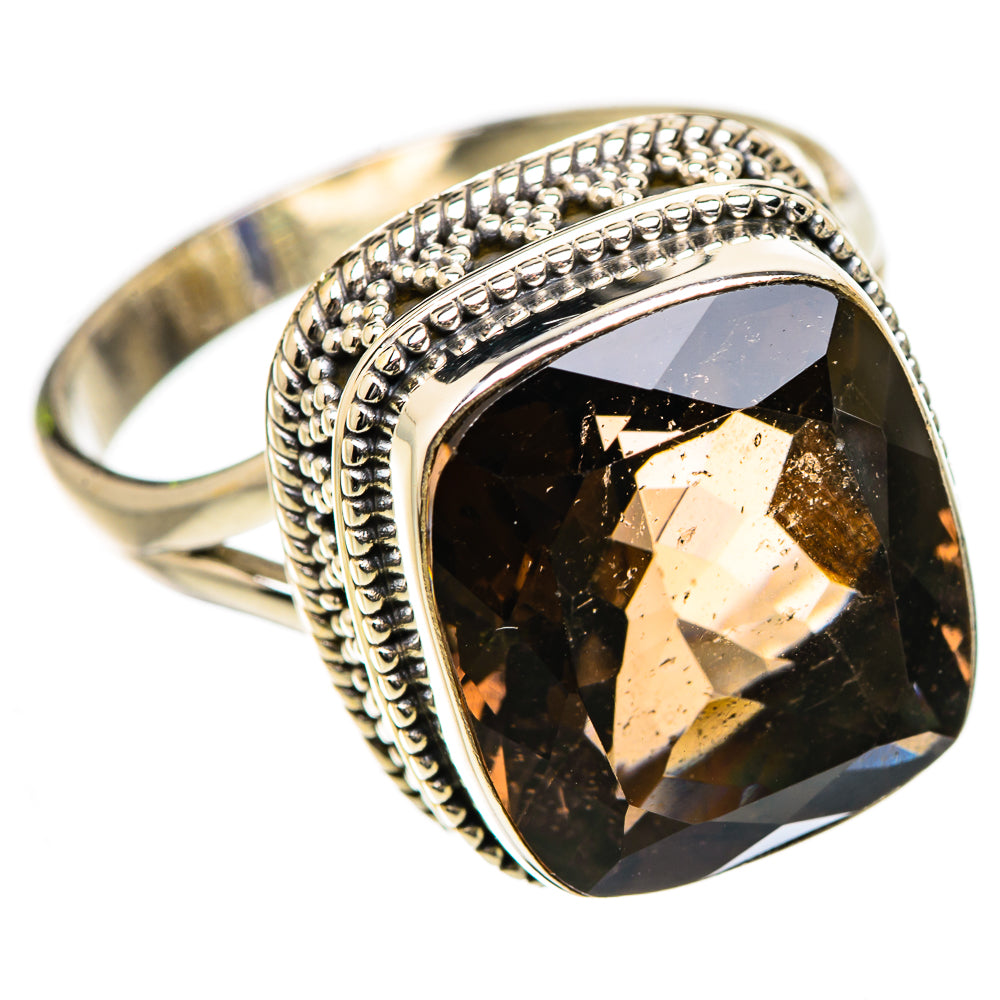 Smoky quartz cushion ring in 925 sterling silver, textured beaded shoulders