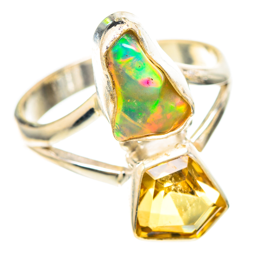 Sterling silver ring with rough green fire opal and faceted yellow citrine, prong-set