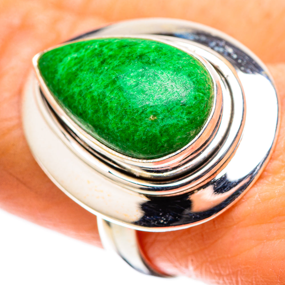 Sterling silver ring with oval green Maw Sit Sit gemstone and polished band