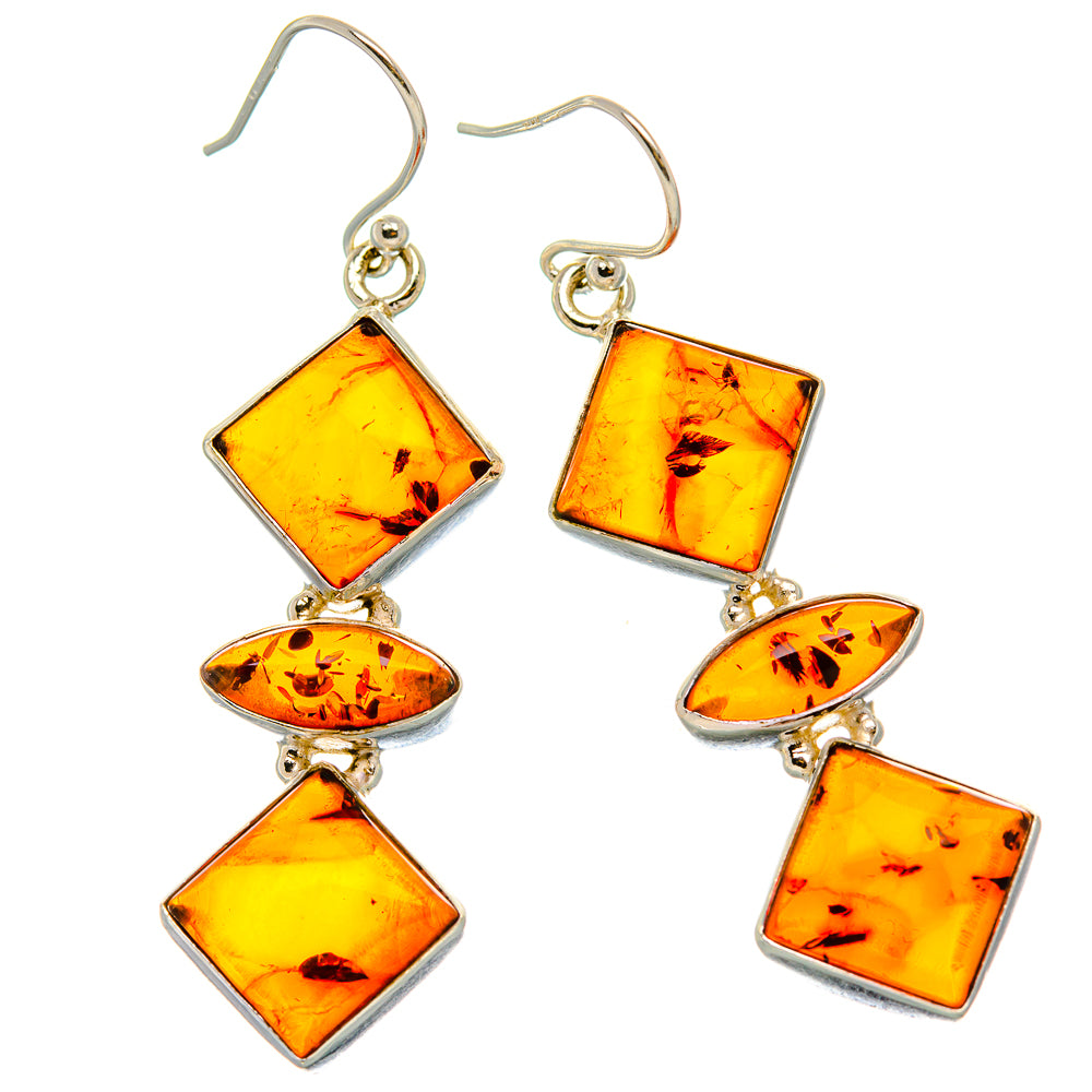 Amber and sterling silver drop earrings with diamond-shaped square stones and oval drops