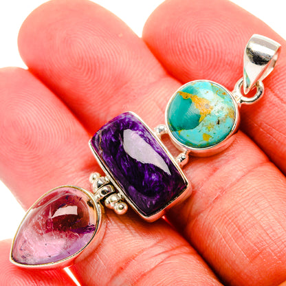 Charoite, Ametrine, Blue Copper Composite Turquoise 925 Sterling Silver Pendant 2 1/4" (925 Sterling Silver) PD37701