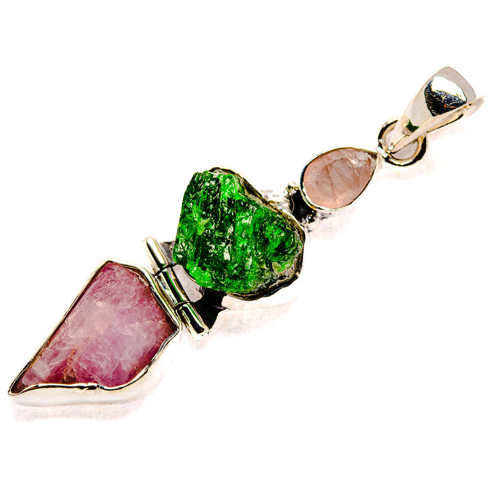 Rough Chrome Diopside, Kunzite, Rose Quartz Pendant 2" (925 Sterling Silver) PD36746