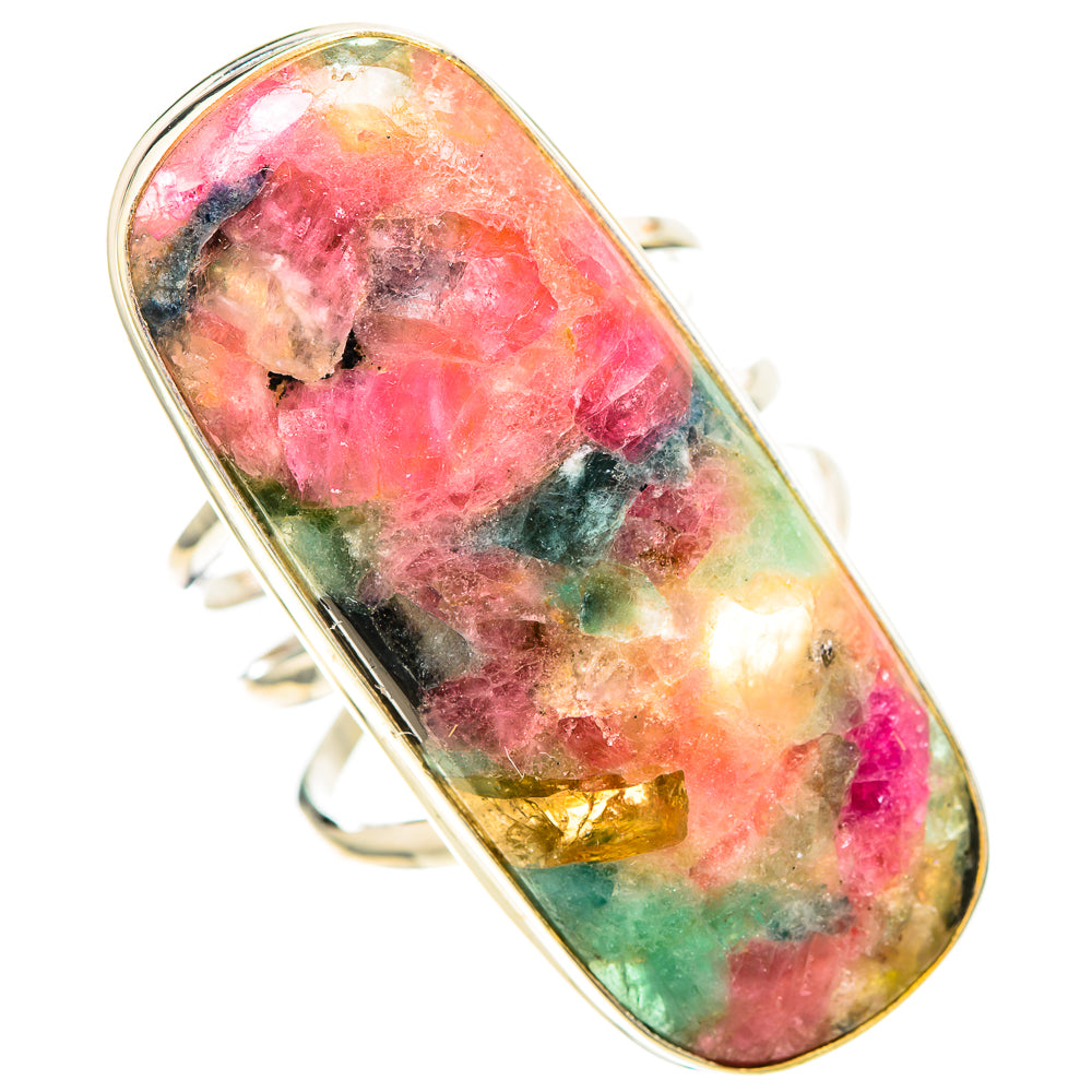 Natural tourmaline oval ring in 925 sterling silver bezel, multicolor gemstone cabochon