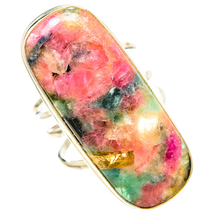 Natural tourmaline oval ring in 925 sterling silver bezel, multicolor gemstone cabochon