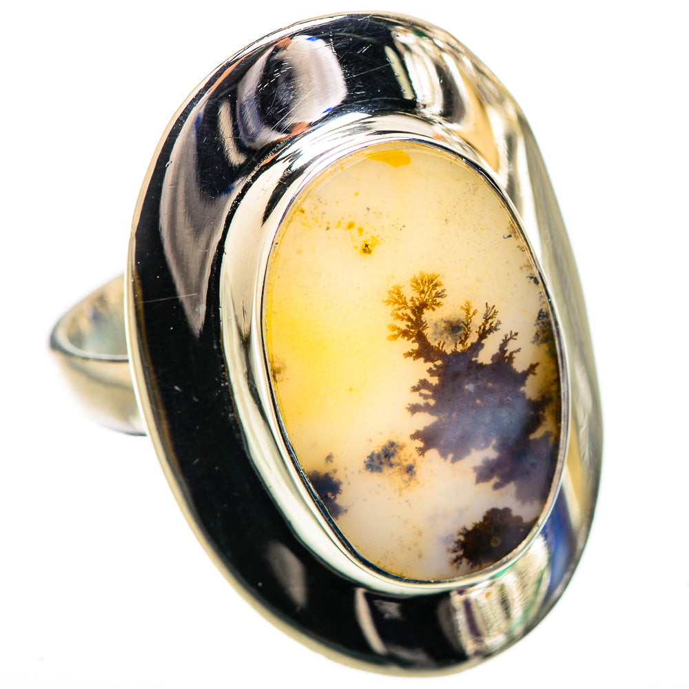 Sterling silver oval dendritic agate ring, yellow base with blue dark tree inclusions